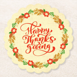 ハッピーサンクスギビングレッド金ゴールドリース ペーパーコースター