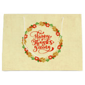 ハッピーサンクスギビングレッド金ゴールドリース ラージペーパーバッグ (正面)