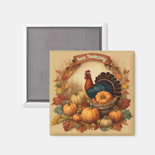 ハッピーサンクスギビングヴィンテージトルコとカボチャ マグネット (正面/裏面)
