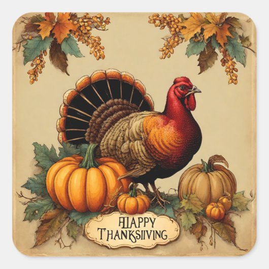ハッピーサンクスギビングヴィンテージトルコ、カボチャ スクエアシール (正面)