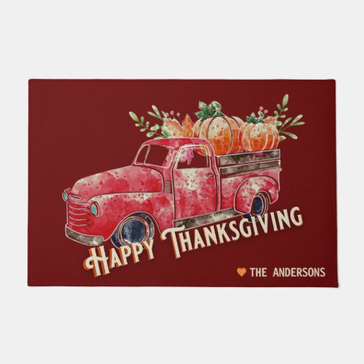 ハッピーサンクスギビングヴィンテージパンプキントラック ドアマット (正面)