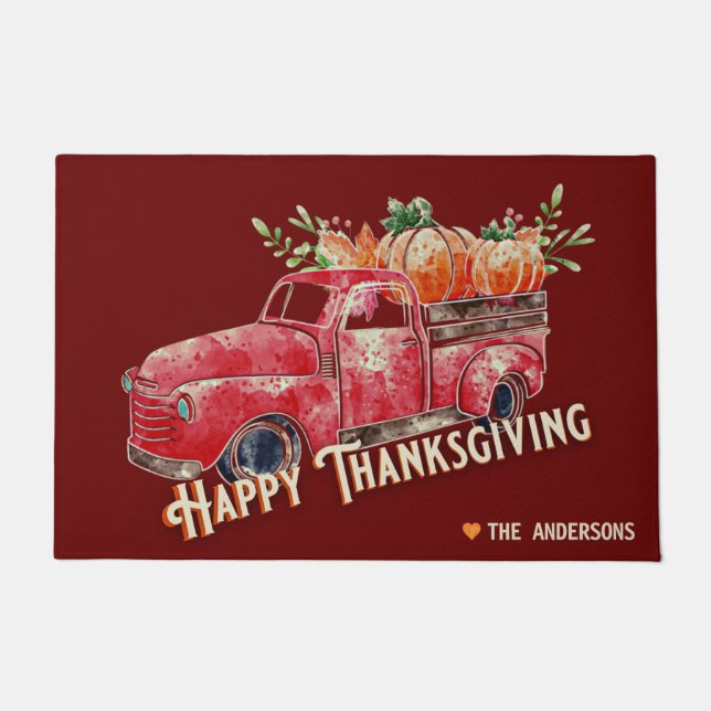 ハッピーサンクスギビングヴィンテージパンプキントラック ドアマット (正面)