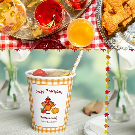 ハッピーサンクスギビング七面鳥かぼちゃイエロープレイド 紙コップ