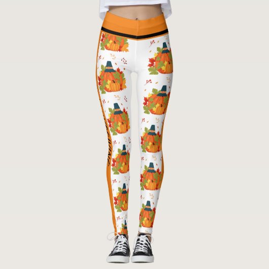 ハッピーサンクスギビング帽子をかぶったカボチャ レギンス (正面)