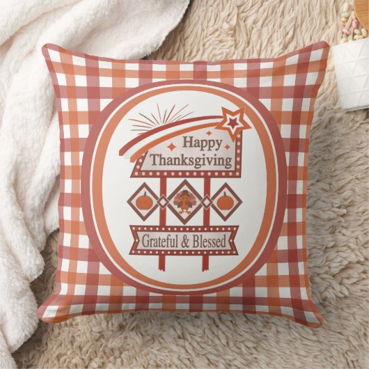 ハッピーサンクスギビング感謝&賛美レトロサイン クッション (ブランケット)