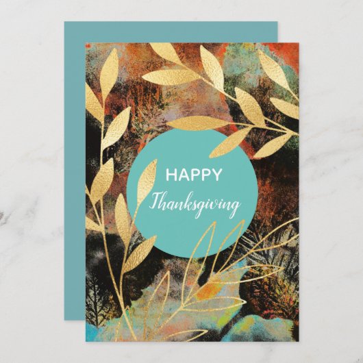 ハッピーサンクスギビング抽象芸術金ゴールド紅葉 シーズンカード (正面/裏面)