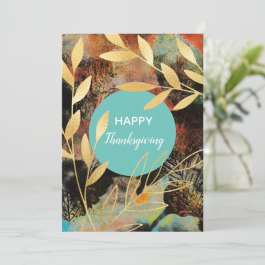 ハッピーサンクスギビング抽象芸術金ゴールド紅葉 シーズンカード (スタンド正面)