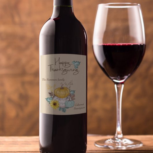 ハッピーサンクスギビング水の色のかわいらしかぼちゃ ワインラベル