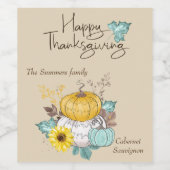 ハッピーサンクスギビング水の色のかわいらしかぼちゃ ワインラベル (シングルラベル)