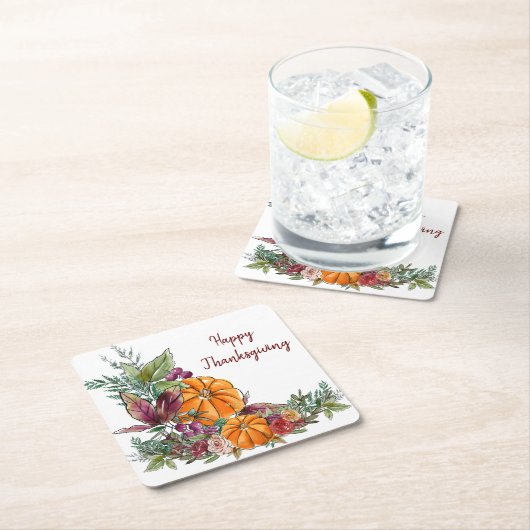 ハッピーサンクスギビング水彩カボチャ秋 スクエアペーパーコースター (インサイチュ)