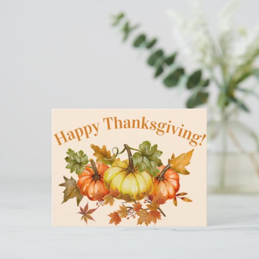 ハッピーサンクスギビング水彩カボチャ葉ンと シーズンポストカード (スタンド正面)