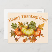 ハッピーサンクスギビング水彩カボチャ葉ンと シーズンポストカード (正面/裏面)