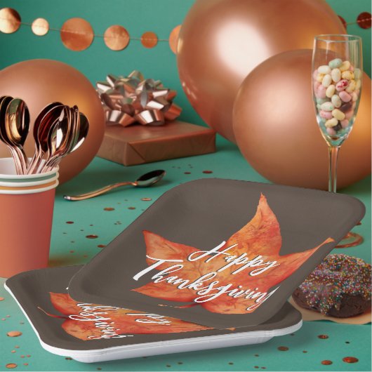 ハッピーサンクスギビング水彩秋メープルリーフ ペーパープレート (複数)