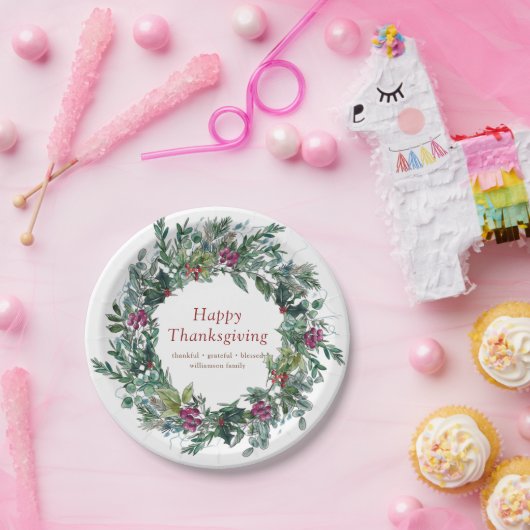 ハッピーサンクスギビング水彩秋リース ペーパープレート (パーティー)