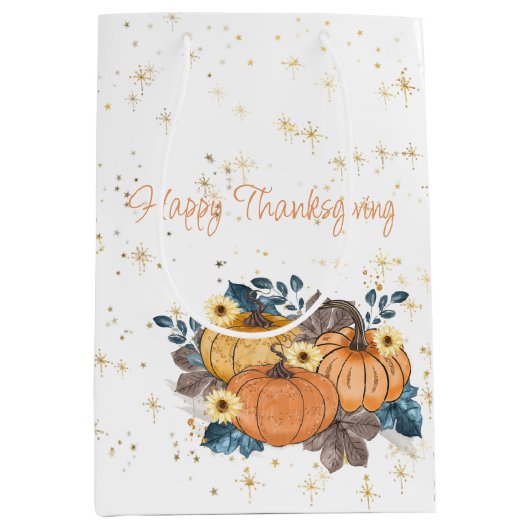 ハッピーサンクスギビング秋のカボチャと花 ミディアムペーパーバッグ (正面)