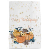 ハッピーサンクスギビング秋のカボチャと花 ミディアムペーパーバッグ (裏面)