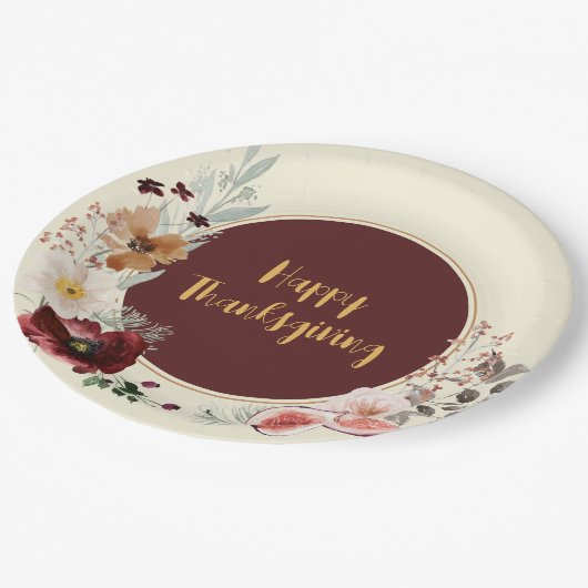 ハッピーサンクスギビング秋の花とイチジク ペーパープレート (アングル)