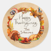 ハッピーサンクスギビング秋の葉リースモノグラム ラウンドシール (正面)