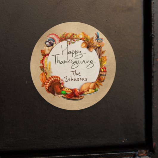 ハッピーサンクスギビング秋の葉リースモノグラム ラウンドシール