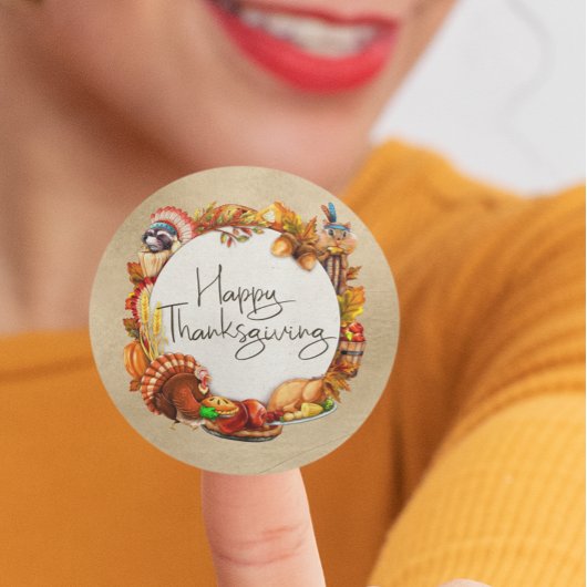 ハッピーサンクスギビング秋の葉リース動物 ラウンドシール