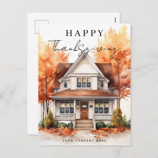 ハッピーサンクスギビング秋ウォーターカラーハウスリアルティ シーズンポストカード (正面/裏面)