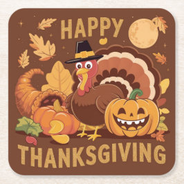 ハッピーサンクスギビング秋ハーベスト紙コースター スクエアペーパーコースター