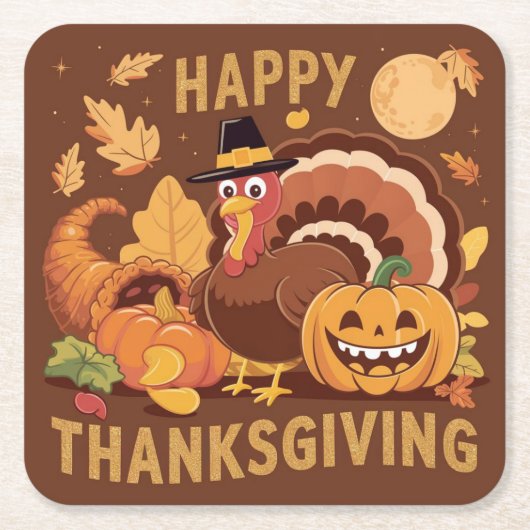 ハッピーサンクスギビング秋ハーベスト紙コースター スクエアペーパーコースター (正面)