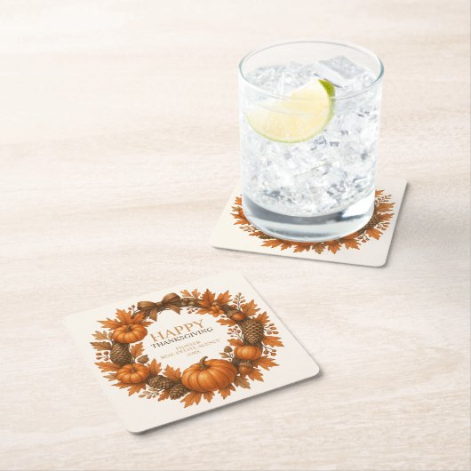 ハッピーサンクスギビング秋リース エレガント スクエアペーパーコースター (インサイチュ)