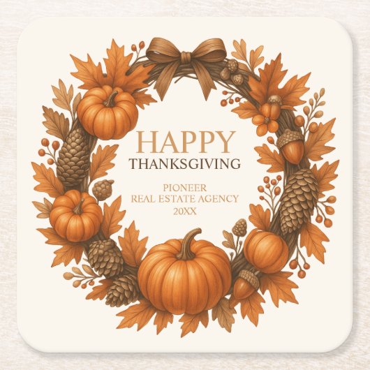 ハッピーサンクスギビング秋リース エレガント スクエアペーパーコースター