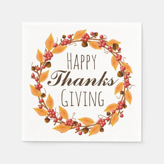 ハッピーサンクスギビング秋紅葉リース スタンダードカクテルナプキン (正面)