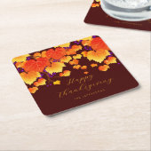 ハッピーサンクスギビング秋葉オレンジ離れ金ゴールド スクエアペーパーコースター (アングル)
