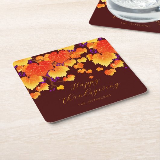 ハッピーサンクスギビング秋葉オレンジ離れ金ゴールド スクエアペーパーコースター (アングル)