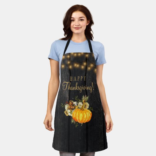 ハッピーサンクスギビング素朴なカボチャフローラ木材 エプロン (着用した状態)