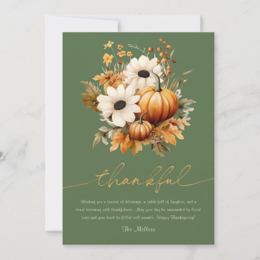 ハッピーサンクスギビング素朴フローラオリーブグリーン シーズンカード (正面)