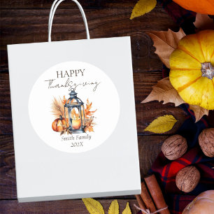 ハッピーサンクスギビングboho pumpkinランタンの水色 ラウンドシール