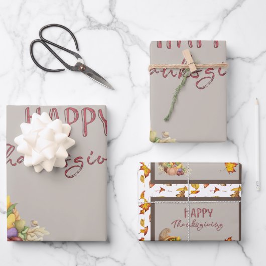 ハッピーサンクスギビングCornucopiaバスケット紅葉 ラッピングペーパーシート (正面)