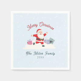 ハッピーサンタ、ライトブルーのクリスマス スタンダードカクテルナプキン