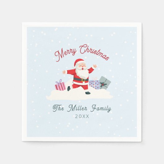 ハッピーサンタ、ライトブルーのクリスマス スタンダードカクテルナプキン (正面)