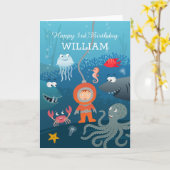 ハッピーサードバースデーカートゥーンダイバー海底の動物 カード (黄色い花)