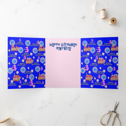 ハッピーサードバースデーカード, #3誕生日ブルー 三つ折りカード (内部)