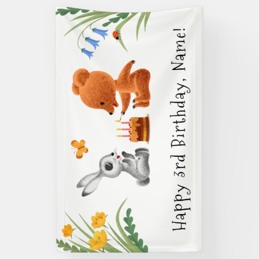 ハッピーサードバースデーベアーバニーケーキキャンドル 横断幕 (縦)