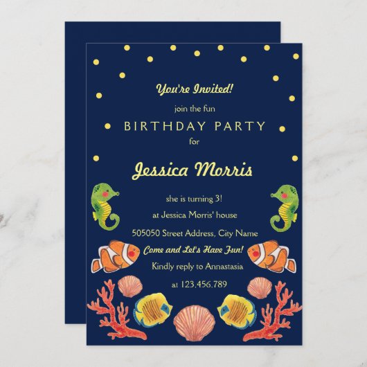 ハッピーシーアニマル子供の誕生日パーティの招待状 招待状 (正面/裏面)