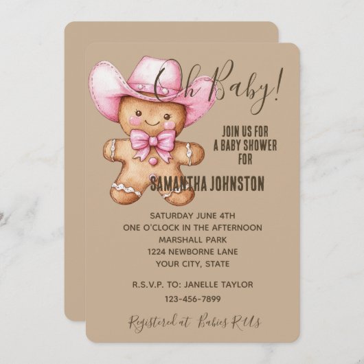 ハッピージンジャーパン女性のカーボーイベビーシャワーガール 招待状 (正面/裏面)