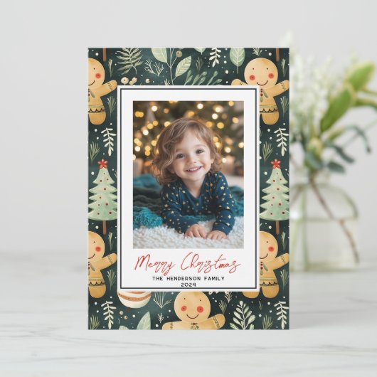 ハッピージンジャーブレッドマンカスタムクリスマスフォト名 シーズンカード (スタンド正面)