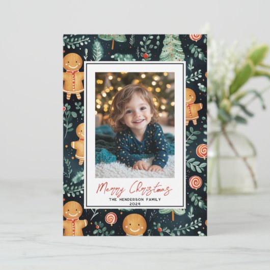 ハッピージンジャーブレッドマンカスタムクリスマスフォト名 シーズンカード (スタンド正面)