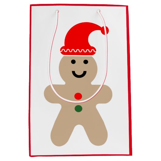 ハッピージンジャーブレッドマンサンタ帽をかぶった ミディアムペーパーバッグ (正面)