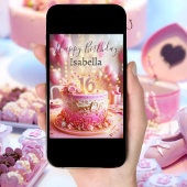 ハッピースウィート16ピンクローズ金ゴールドケーキ誕生日 カード