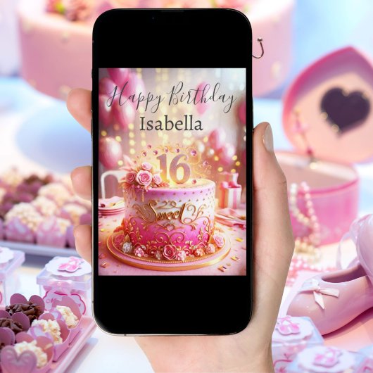 ハッピースウィート16ピンクローズ金ゴールドケーキ誕生日 カード