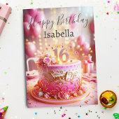 ハッピースウィート16ピンクローズ金ゴールドケーキ誕生日 カード