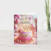 ハッピースウィート16ピンクローズ金ゴールドケーキ誕生日 カード (正面)